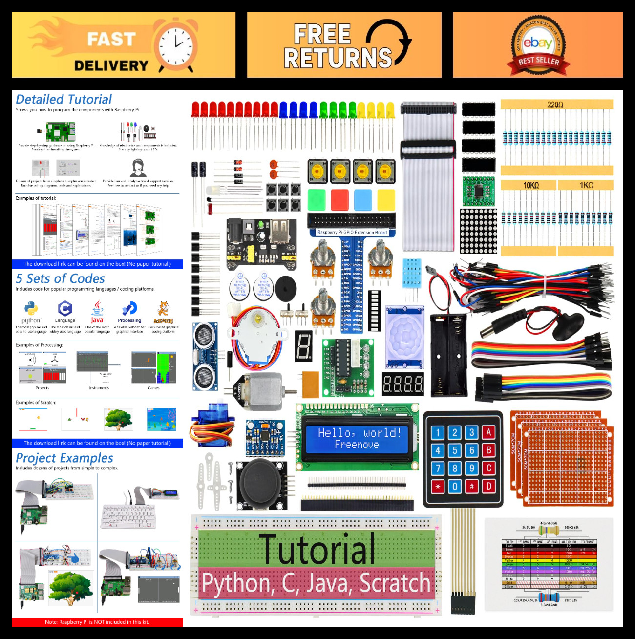 Ultimate Raspberry Pi Starter Kit - 223 Items, 128 Projects, 962-Page Tutorial,