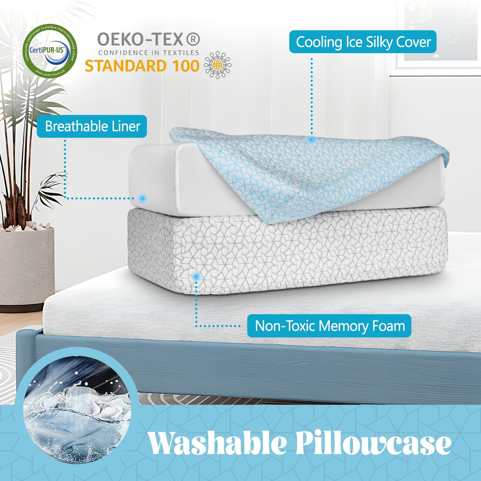 Cooling Cube Pillow for Side Sleepers, 40D High-Density Memory Foam Support H...