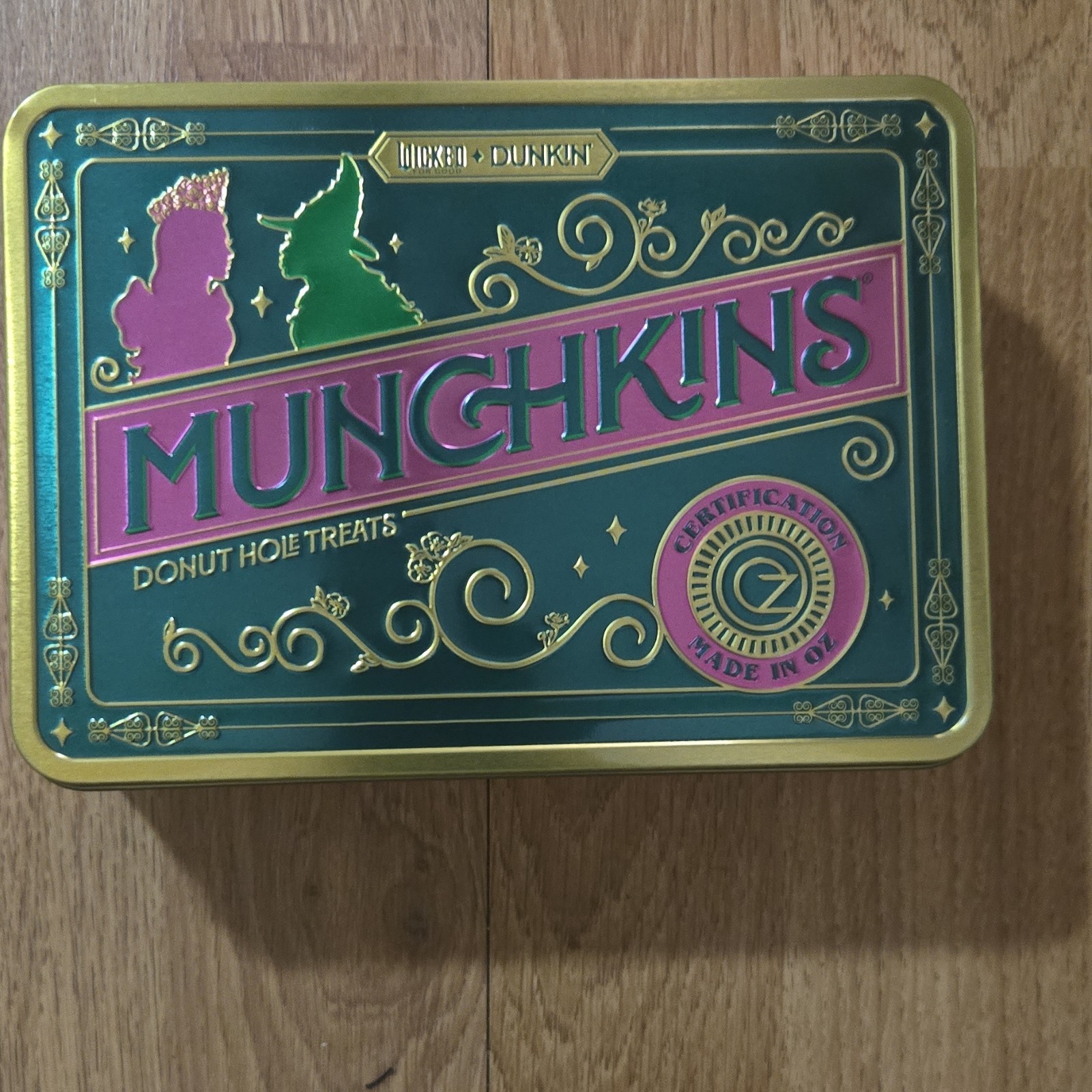 Dunkin' Munchkins Donut Hole Treats Collectible Advertising Tin Green Pink Gold