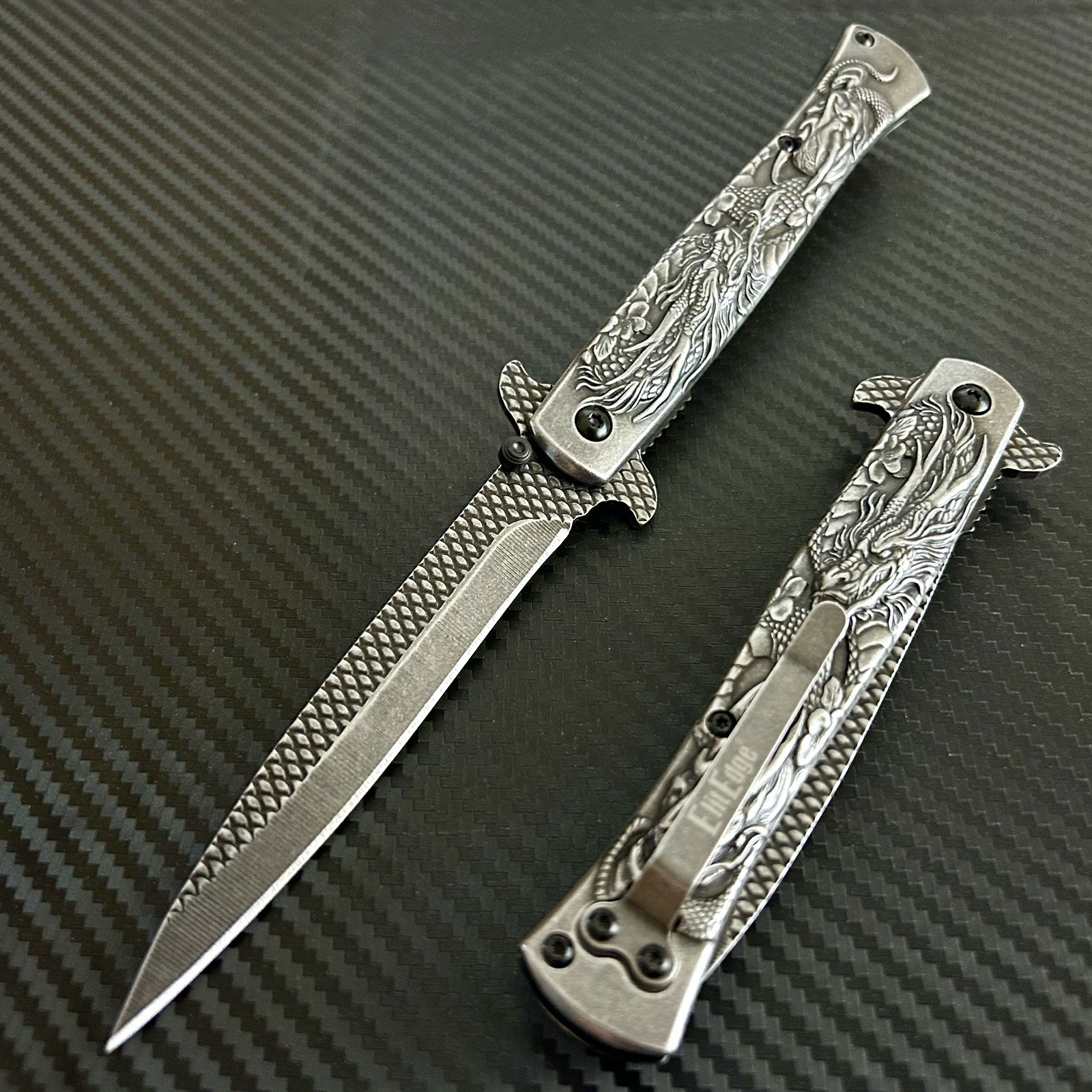 9” Stonewashed Dragon Tactical Spring Assisted Open Blade Folding Pocket Knife
