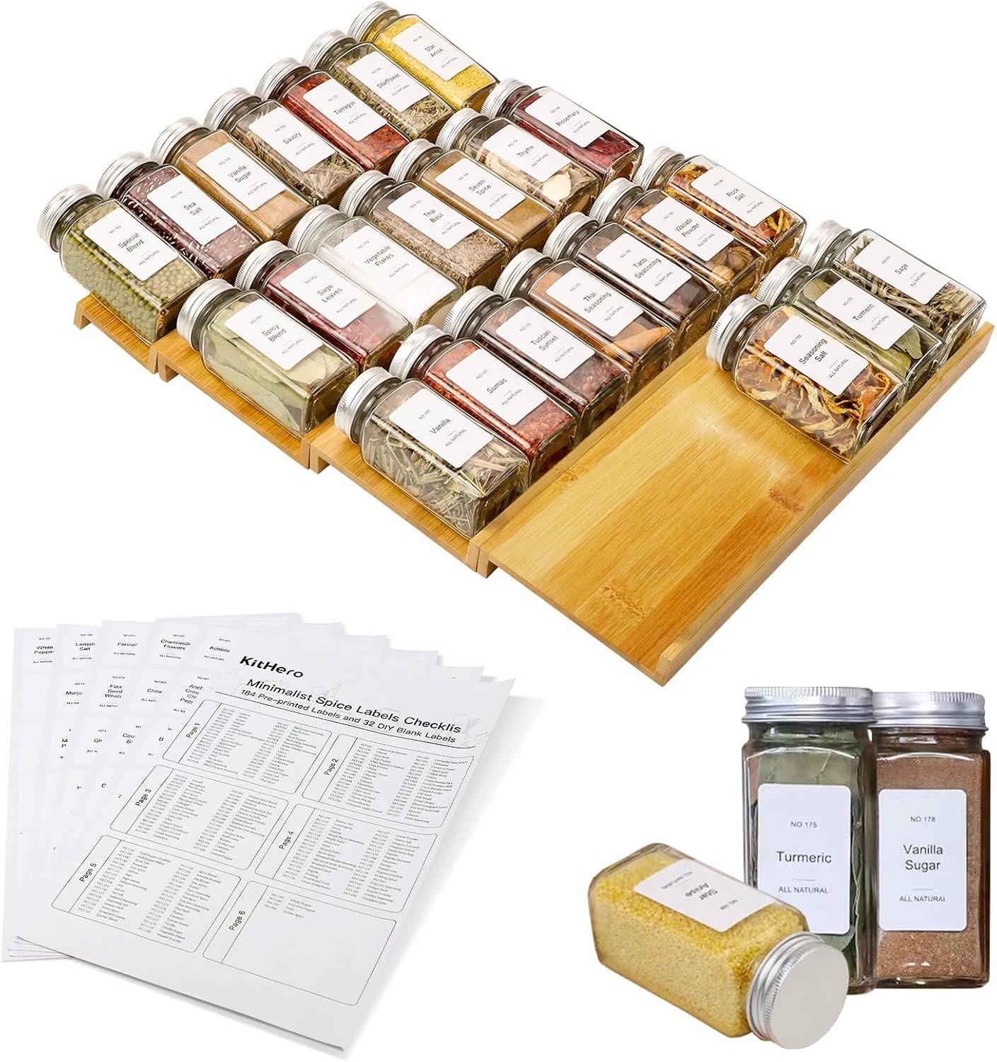 Spice Drawer Organizer with 24 Spice Jars and 216 Labels,Non-slip R... Fast Ship