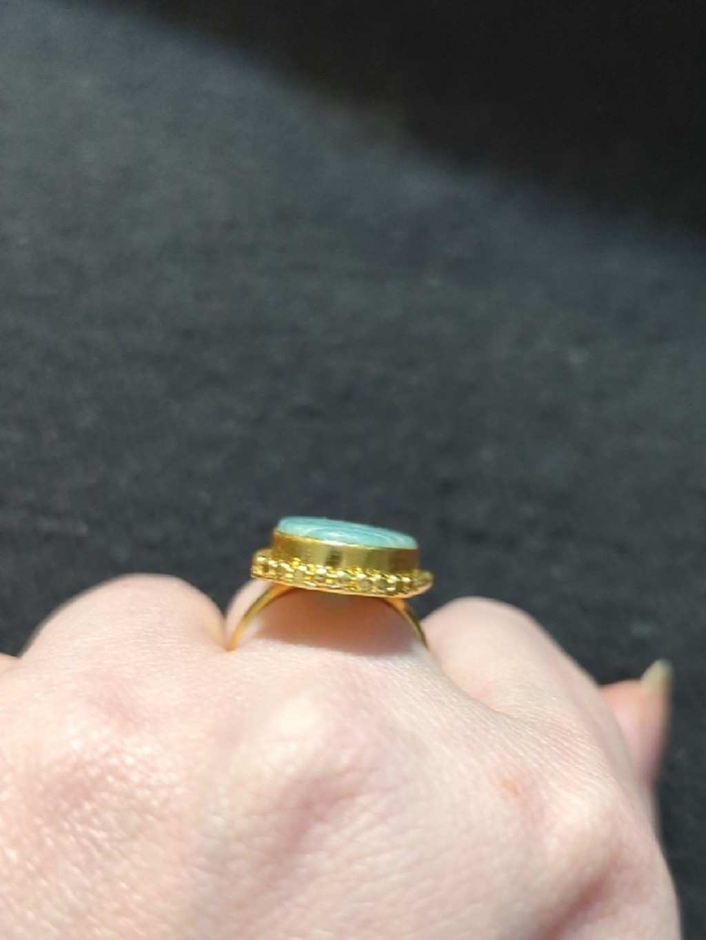 Gold Tone Blue Green Amazonite Gemstone Oval Statement Ring - Size 9