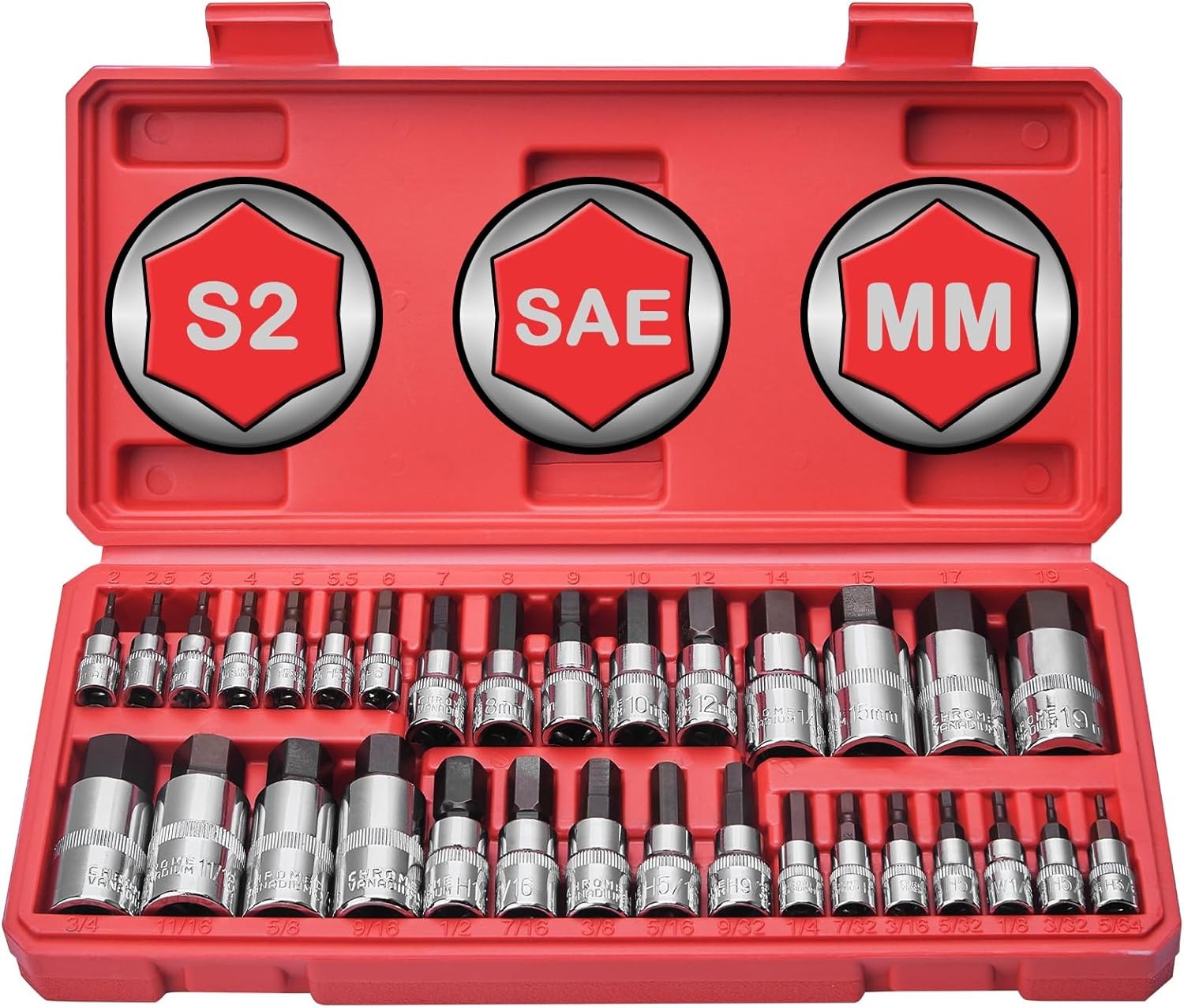 Hex Bit Socket Set 32-Piece, Allen Socket Set, 1/4'', 3/8”& 1/2'' Hex Drive