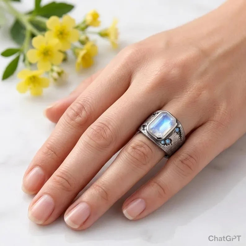 Rainbow Moonstone Ring, 925 Sterling Silver Gemstone, Mens Statement Ring, Gift
