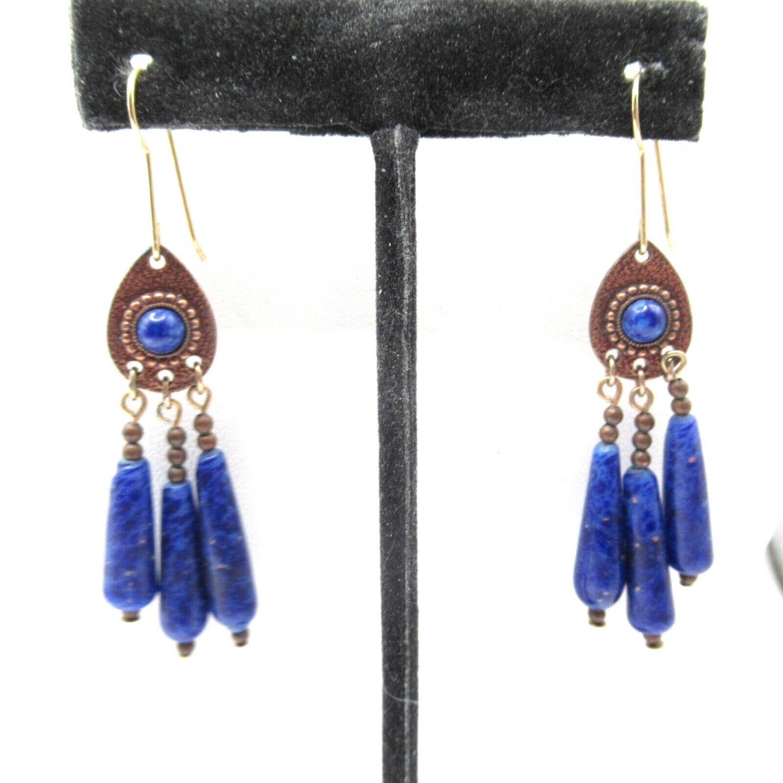 Blue Enamel Dangle Pierced Earrings Faux Gemstone