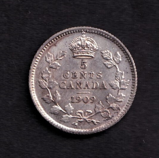 Canada 1909 5c Five Cent Silver Coin King Edward VII AU Maple Leaves .925 Silver