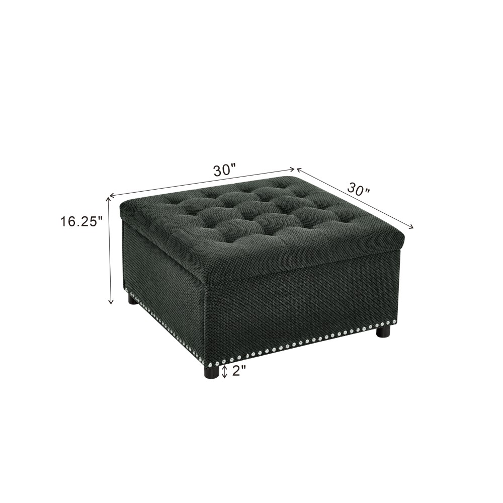 Square Tufted Storage Ottoman w/ Tray Top, Hidden Storage Footstool, Dark Grey