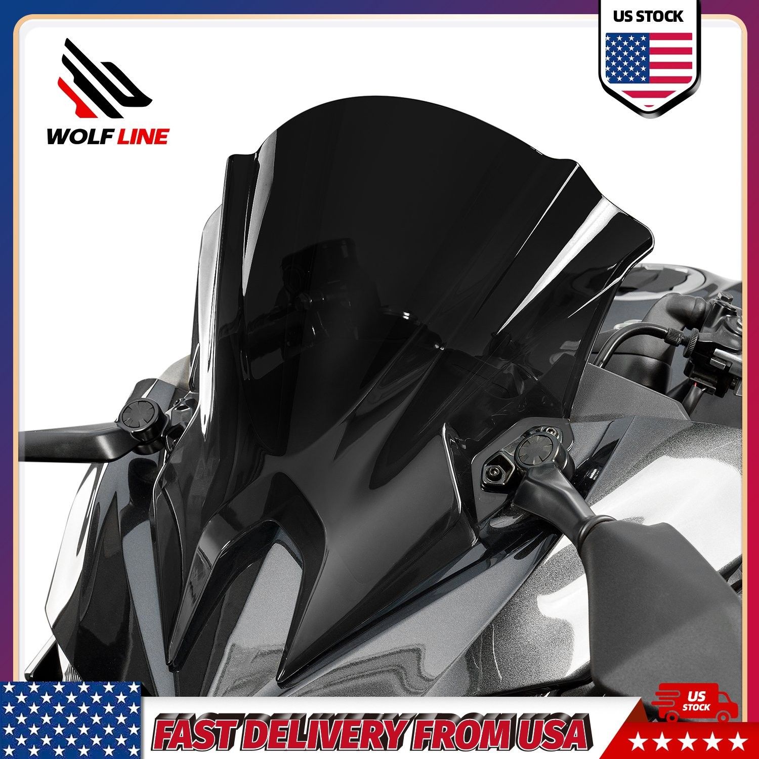 WOLFLINE Black Windshield for Kawasaki Ninja 500 2024-2026 Plastic Deflector ABS
