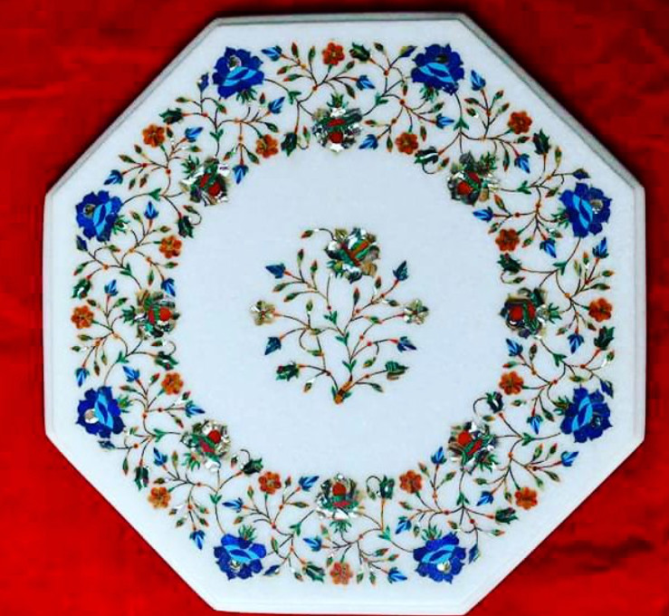 18" white marble Table Top malachite Inlay pietra dura handmade home Decor