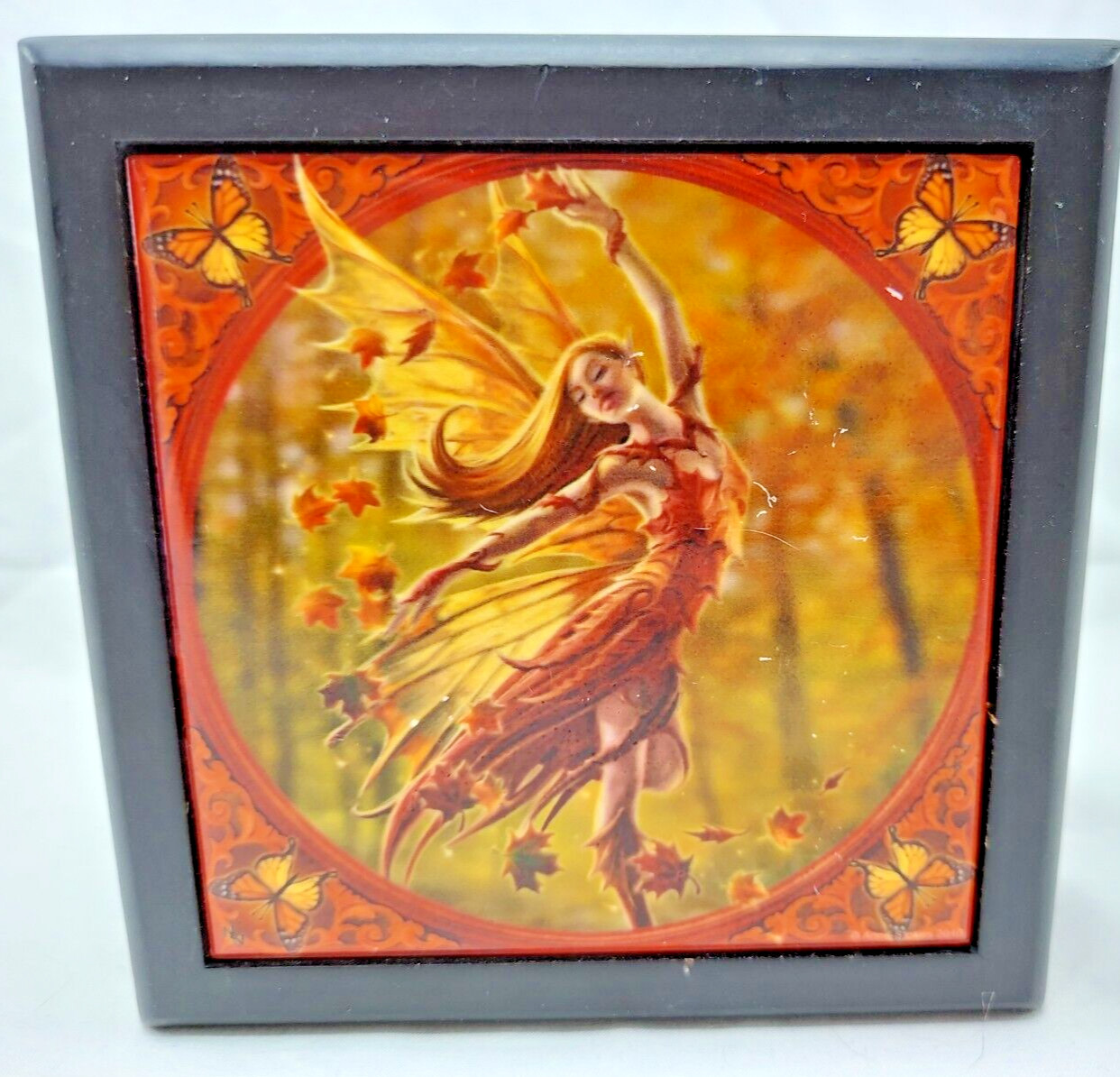 Anne Stoke's Collection Autumn Fairy Tile Felt Lined Wooden Box 5"x5"x3" 99046