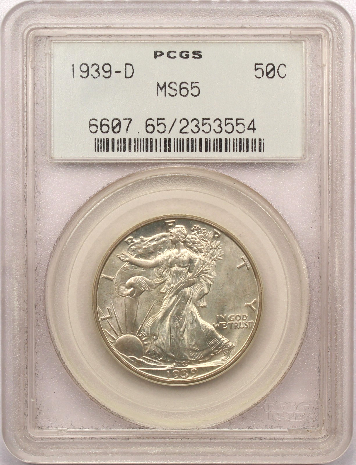 1939-D Walking Liberty Half Dollar 50C, PCGS MS65 OGH, Gem Uncirculated BU