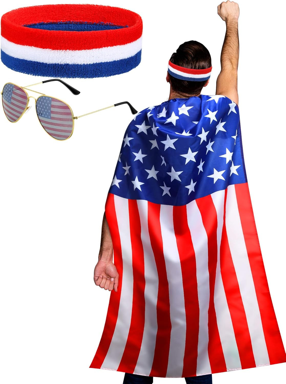 American Flag Costume Cape, Retro 80'S USA Sunglasses and Flag Headband for Red