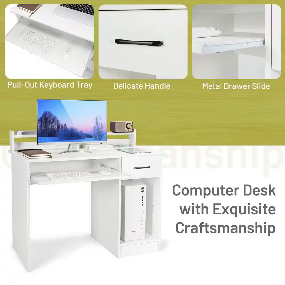 41.5 In. Rectangular White Wood Wide Computer Desk Writing Study Laptop Table wi