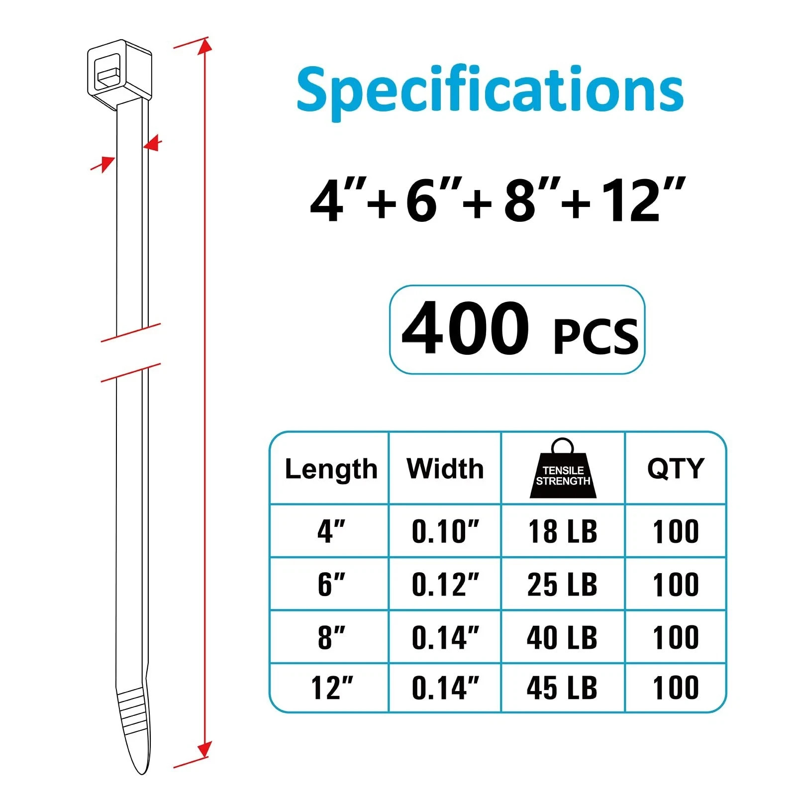 Zip Ties Assorted Sizes(4”+6”+8”+12”), 400 Pack,
