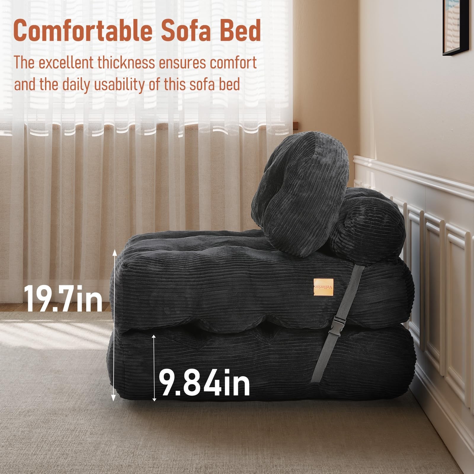 Vellorise Folding Sofa Bed, Convertible Sleeper Chair with Back Support and P...