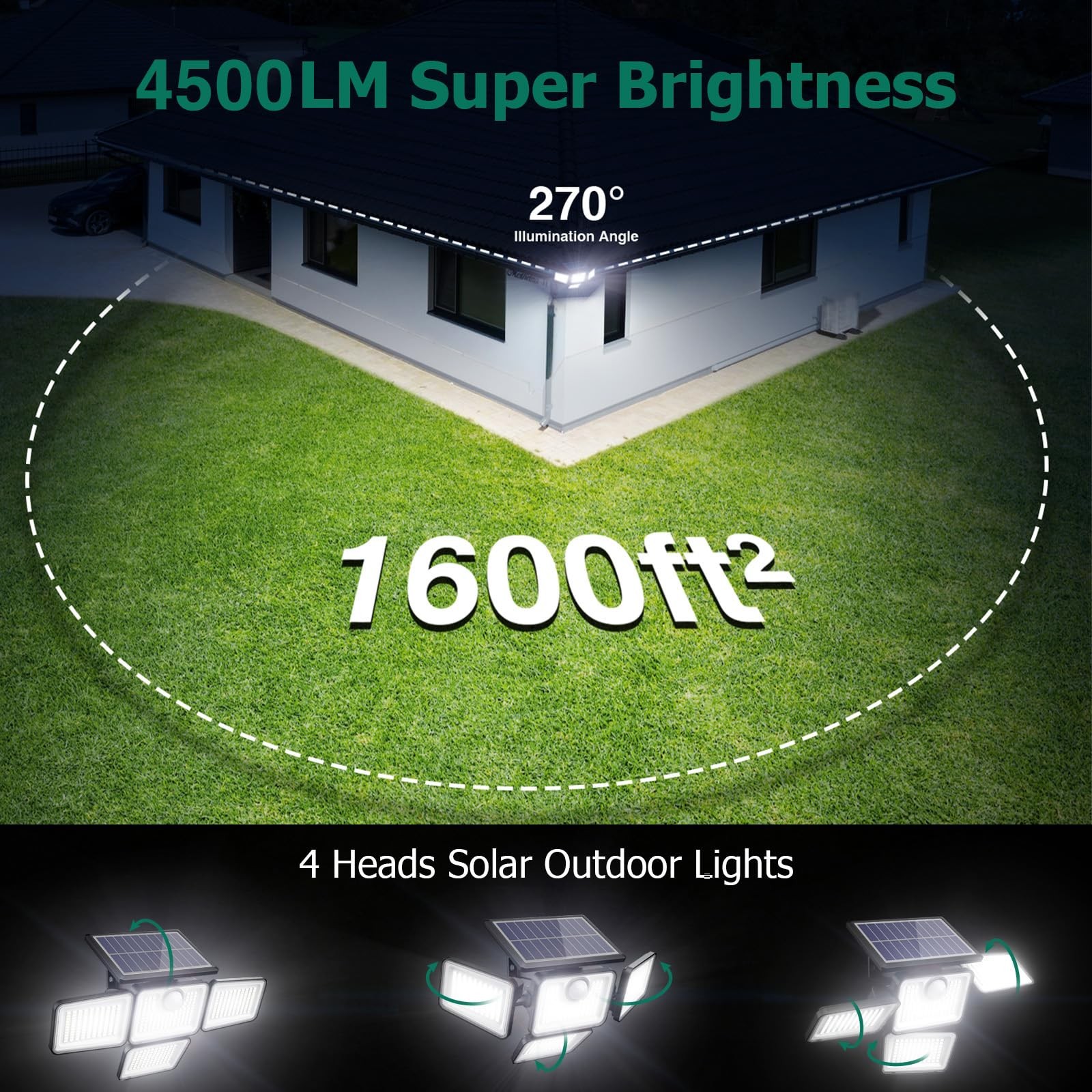 4500LM Solar Lights Outdoor, 4 Adjustable Heads Motion Sensor Lights, 3 Modes...