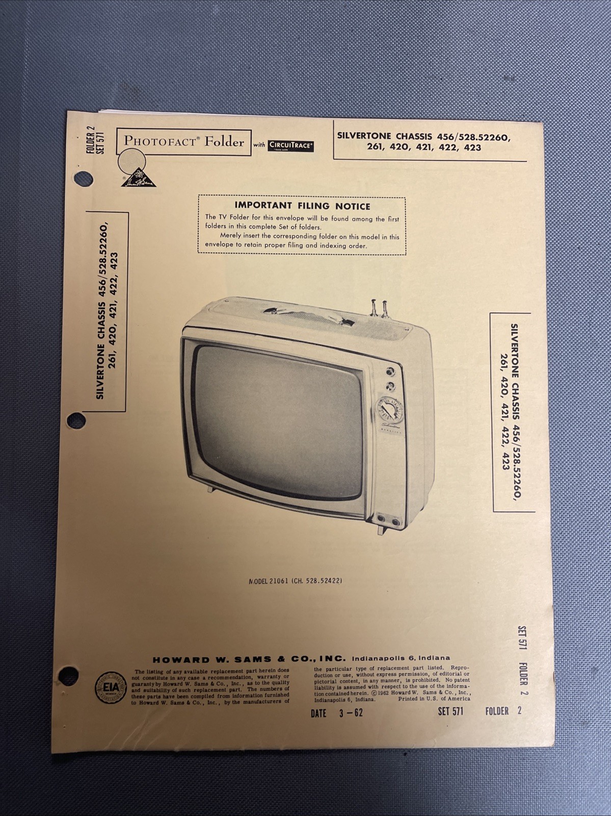 1962 Silvertone Chassis 456/528, 261, 420, 421, 422, 423 Photofact Folder Sams