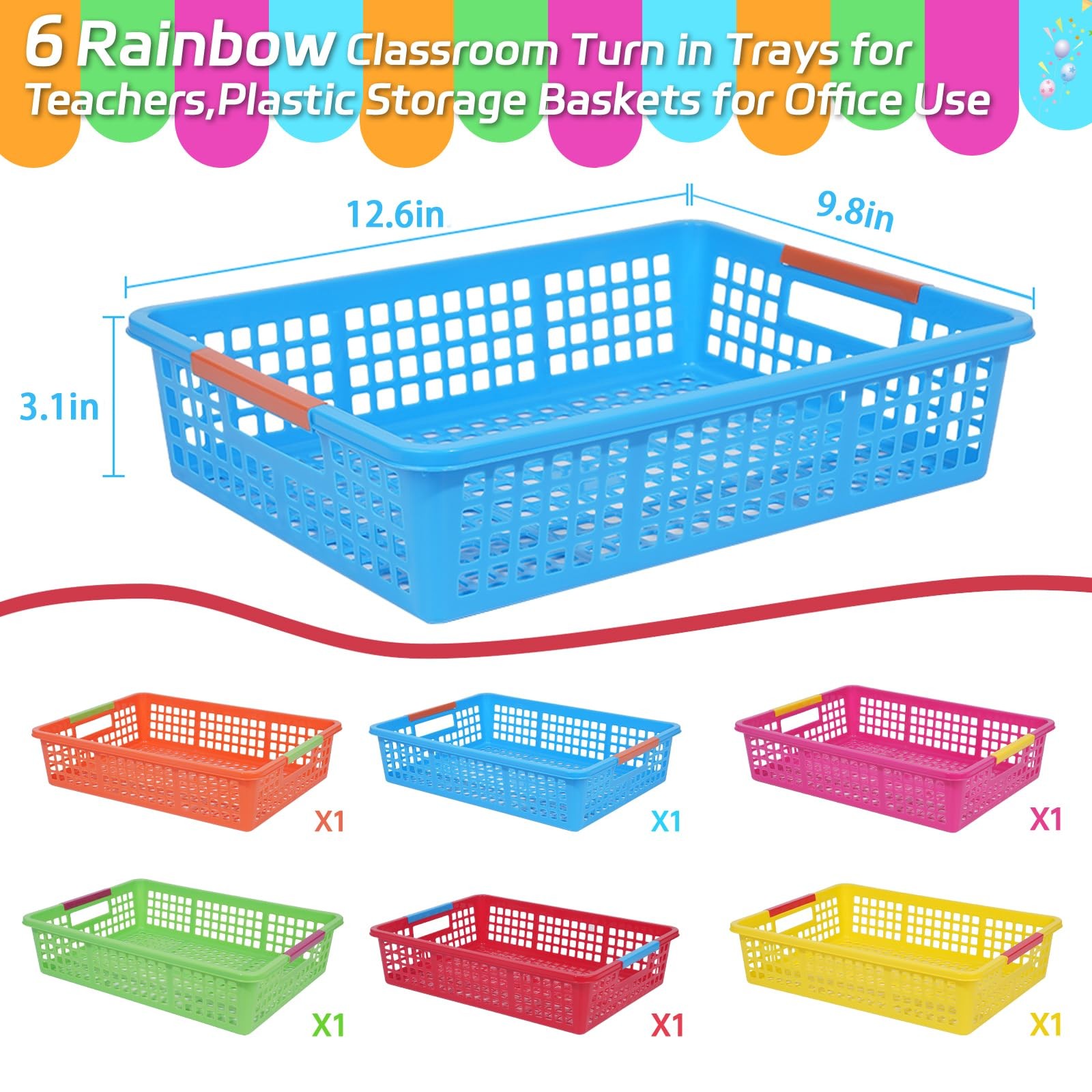 6 Pack 13.4x9.5x2.7 Colorful Turn in Trays, Plastic, Classroom, Stackable
