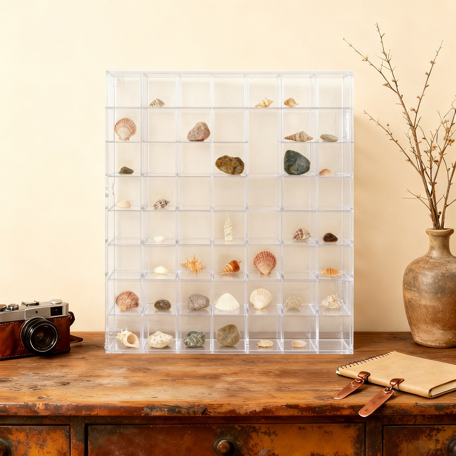 56 Grid Clear Acrylic Collection Box, Rock Storage Wall Mount Desk Display Case