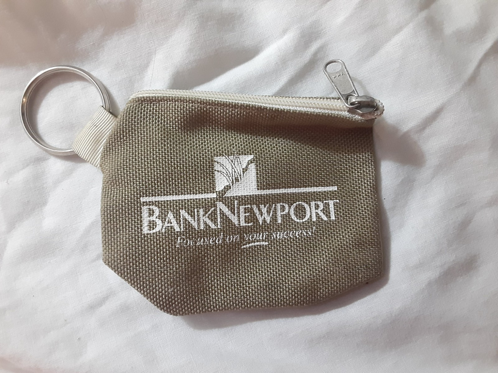 BankNewport Promotional Keychain Zipper Coin Purse Pouch Khaki Tan Canvas, 4"