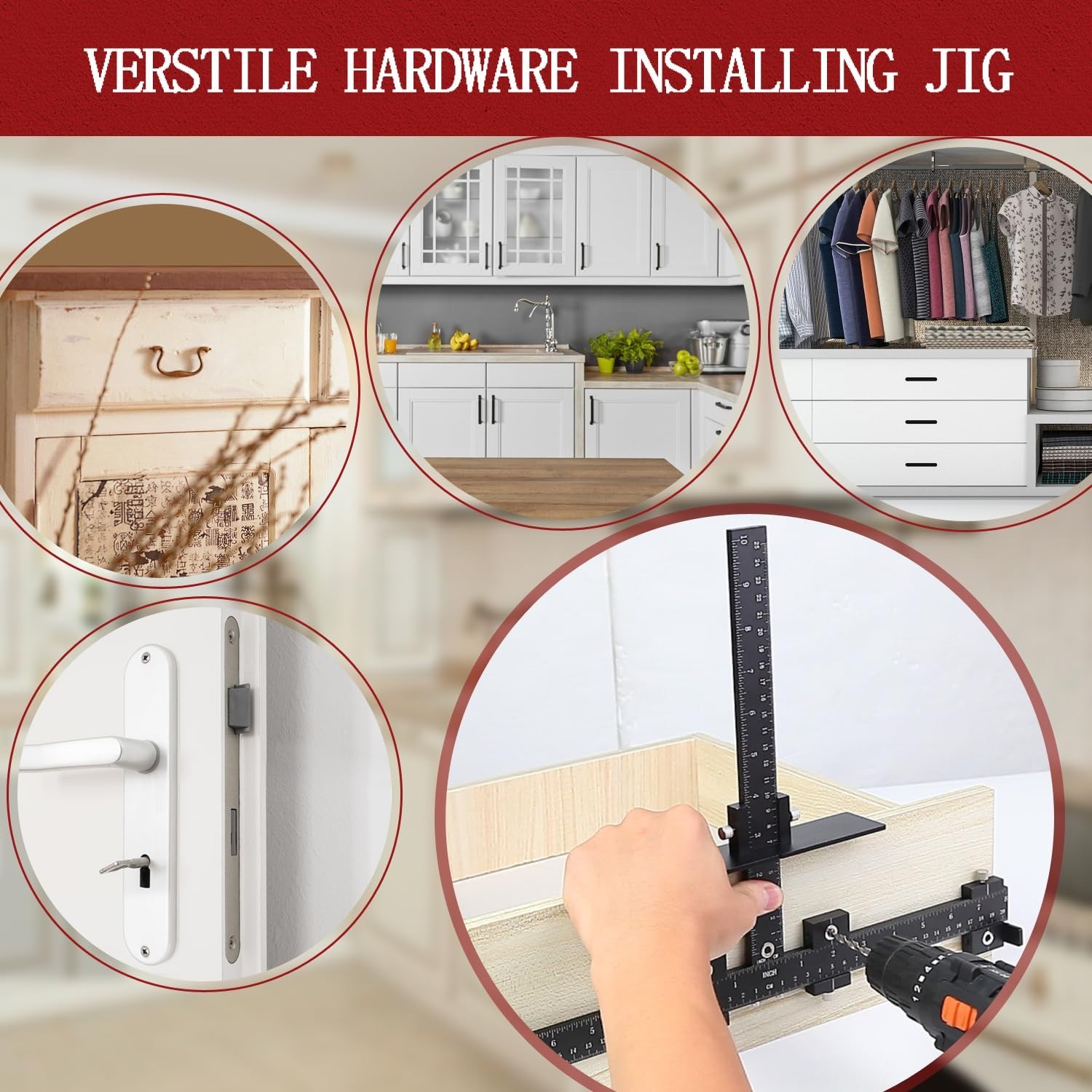 Adjustable Cabinet Hardware Jig Tool - Drill Guide for Handles & Knobs, Punch Lo