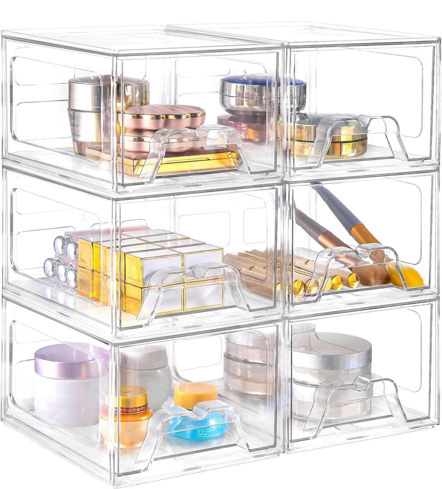 Clear Stackable Plastic Drawer Storage Boxes Set of 6, Anti-Slip, Modern