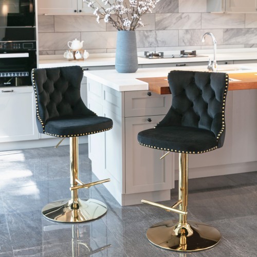 Golden Swivel Velvet Barstools Adjusatble Seat Height From 25-33 Inch Black