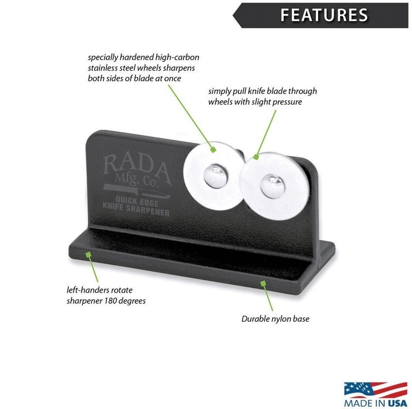 Rada Cutlery Quick Edge Knife Sharpener High-Carbon Stainless Wheels Black Resin
