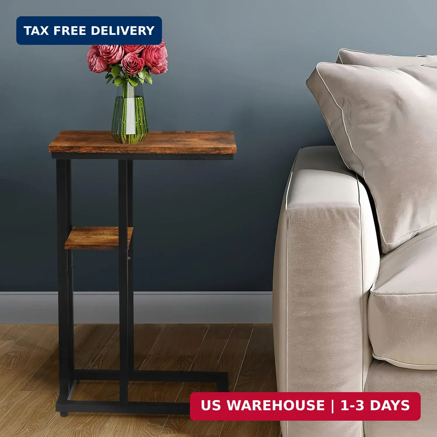 C Shaped Side Table for Sofa, Couch End Table for Small Spaces，Skinny Couch Side