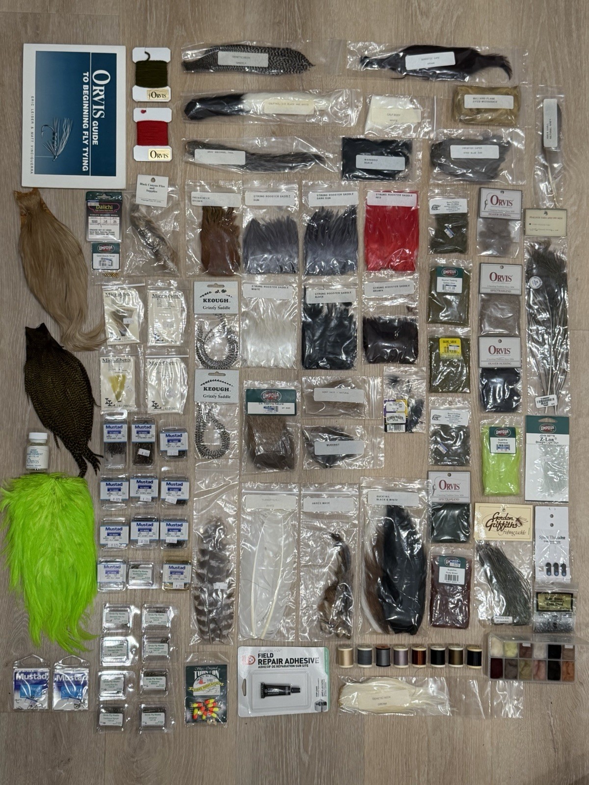Fly Tying Materials Kit Feathers, Fur, Threads, Orvis Hooks And Mustard