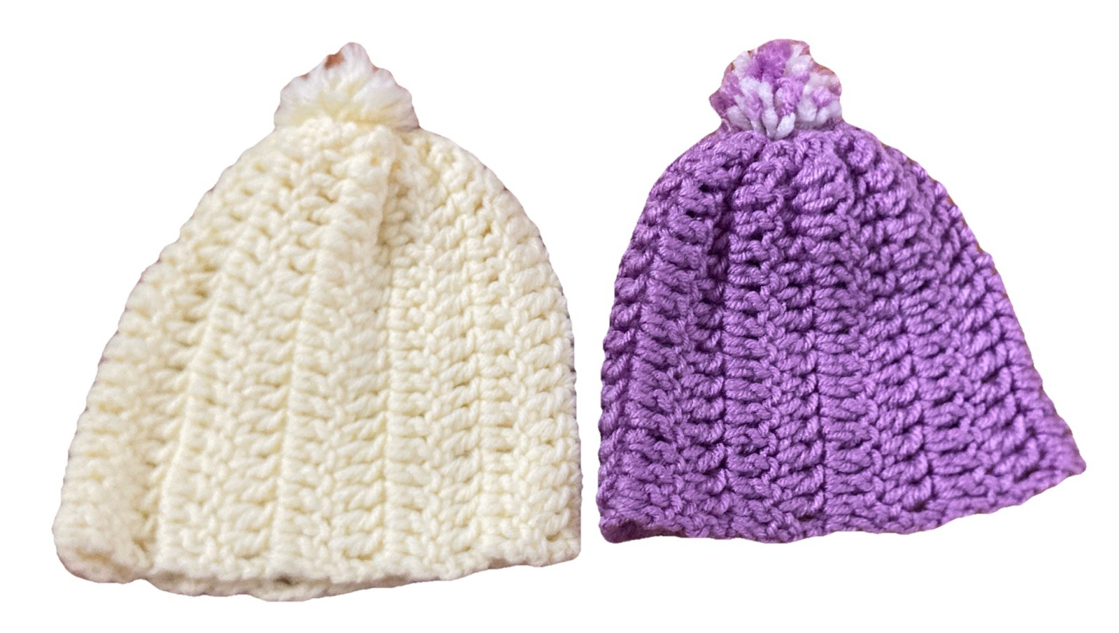 Handmade Yarn Yellow And Purple Baby Beanie Caps Hats About 6” X 6”