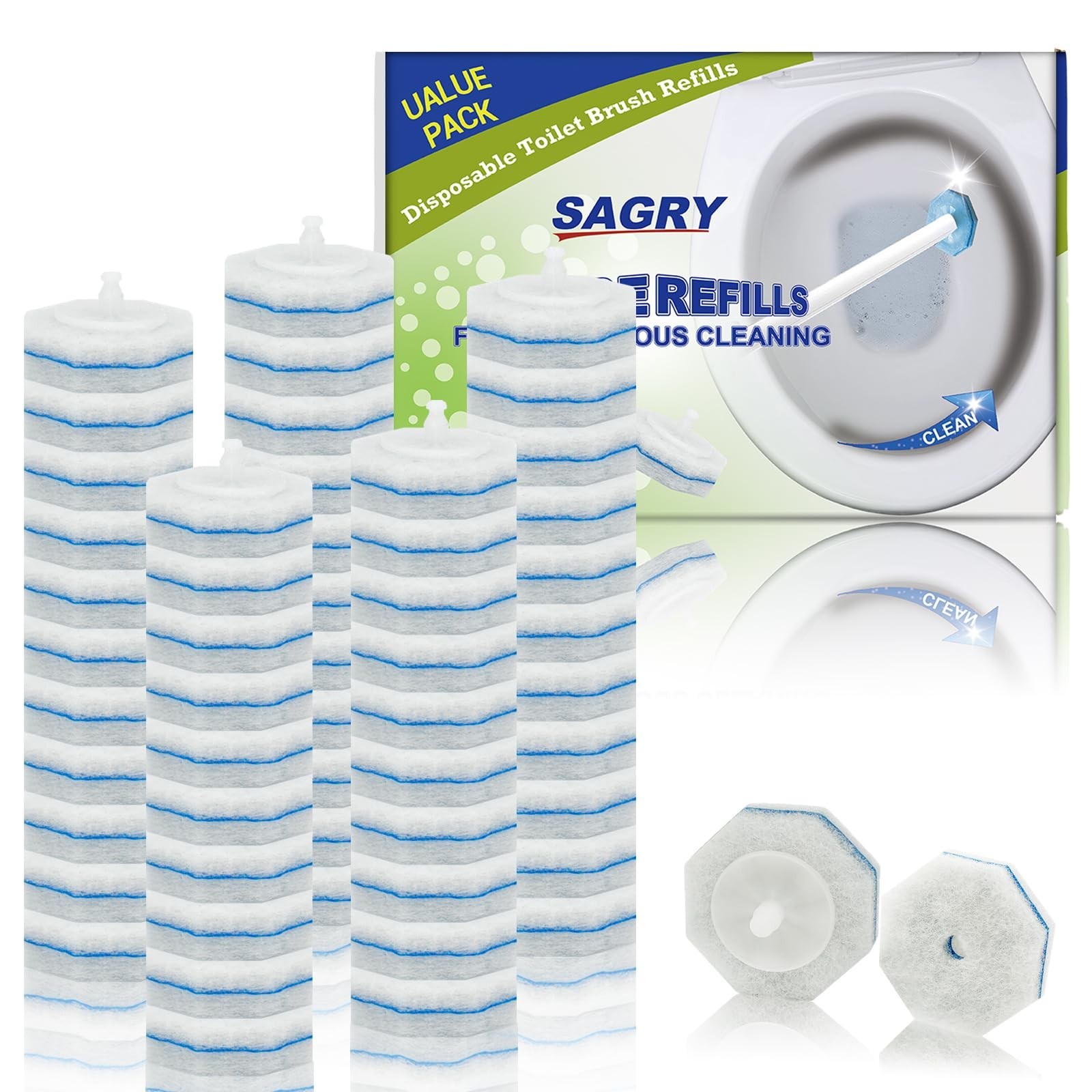 50 Counts Disposable Toilet Bowl Wand Refills, 5X Cleaning Power Toilet Clean...