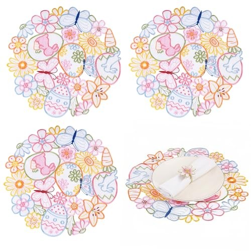 Easter Round Placemats Set of 4 Embroidered Bunny & Eggs Placemats for Home
