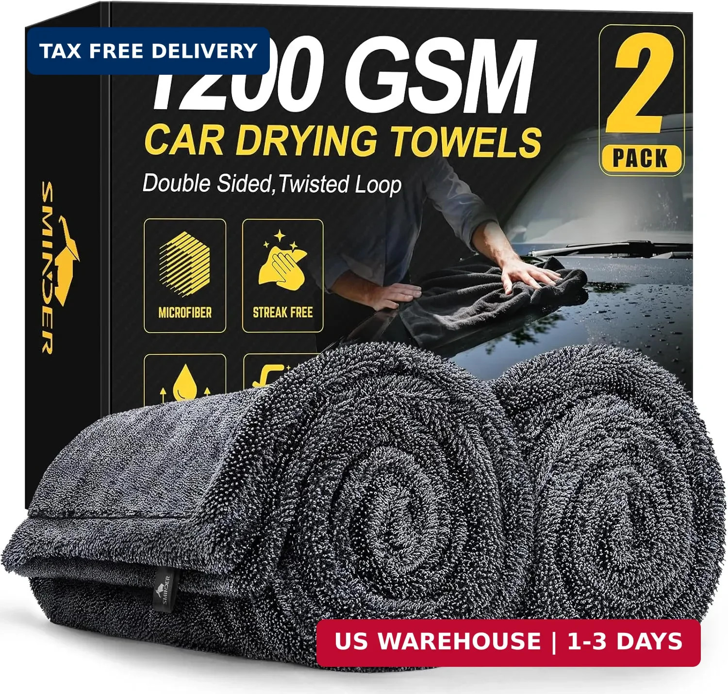 SMINDER 2-Pack 1200 GSM Car Drying Towels - Microfiber Towels for Cars (36" x 24
