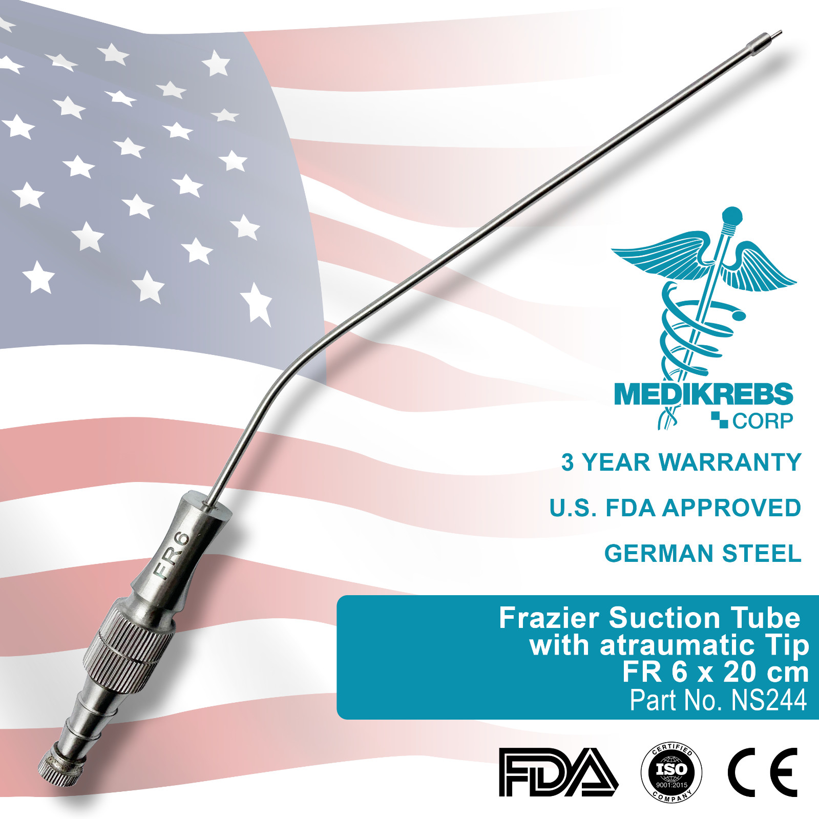 Frazier Suction Tube with atraumatic Tip FR 6 x 20 cm Surgical Instrument