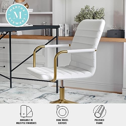 Taytum Swivel Task Chair with Armrests for White Faux Leather/Polished Brass