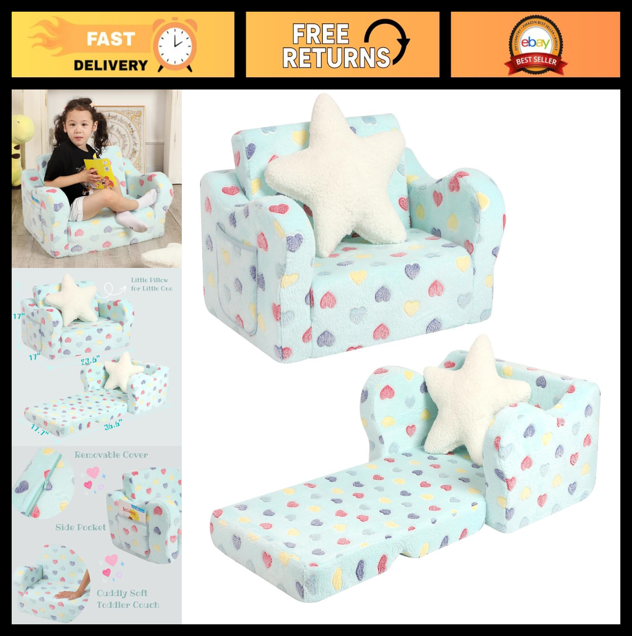 2-in-1 Toddler Couch & Lounger, Soft Foldable Sofa with Star Pillow, Colorful He