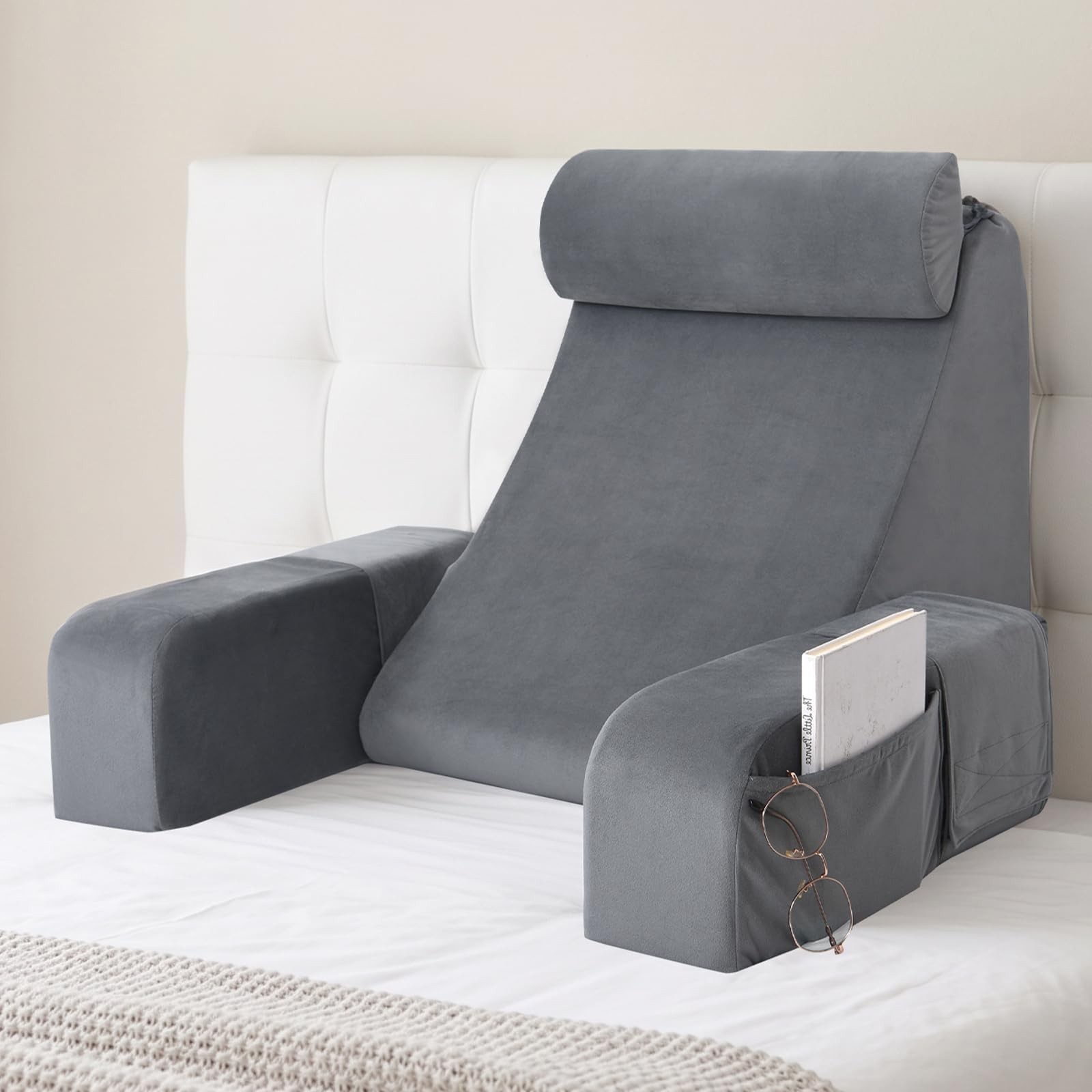 ENITYA 19" Reading Pillow for Bed with Firm Back Support & Big Pockets | Back