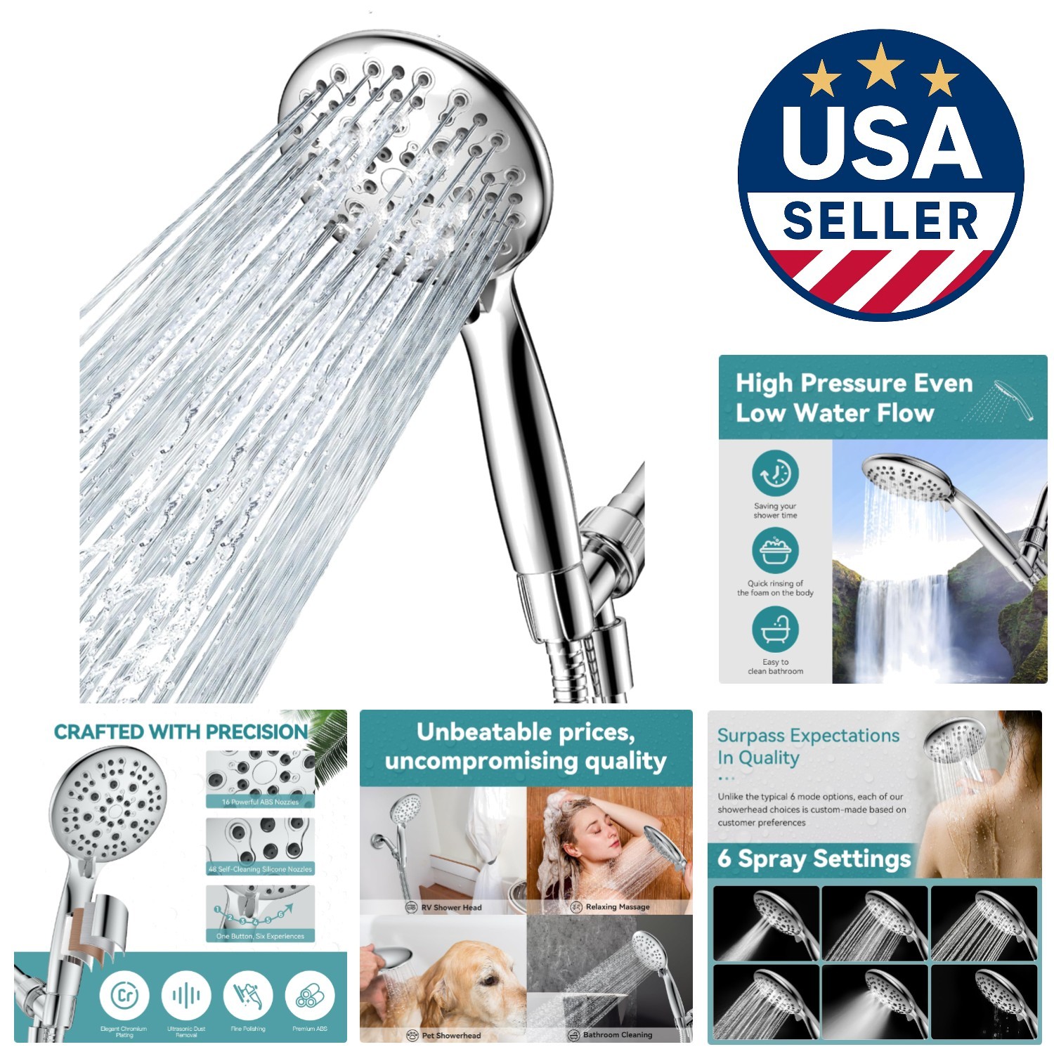 Stylish Polished Chrome Showerhead with 6 Modes and Flexible Hose - Easy Install