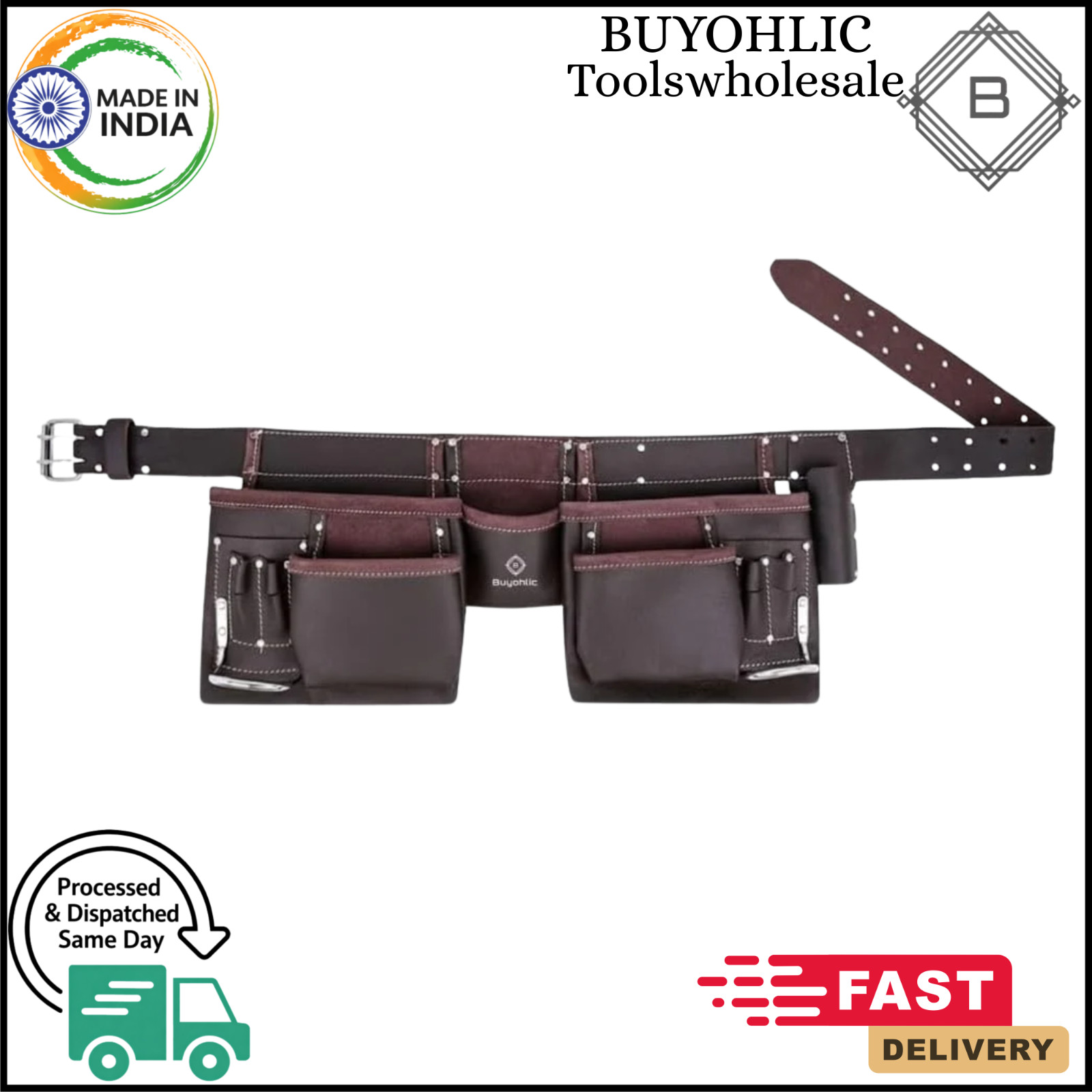 12-Pocket XL Leather Tool Belt, Adjustable 28–40" Waist
