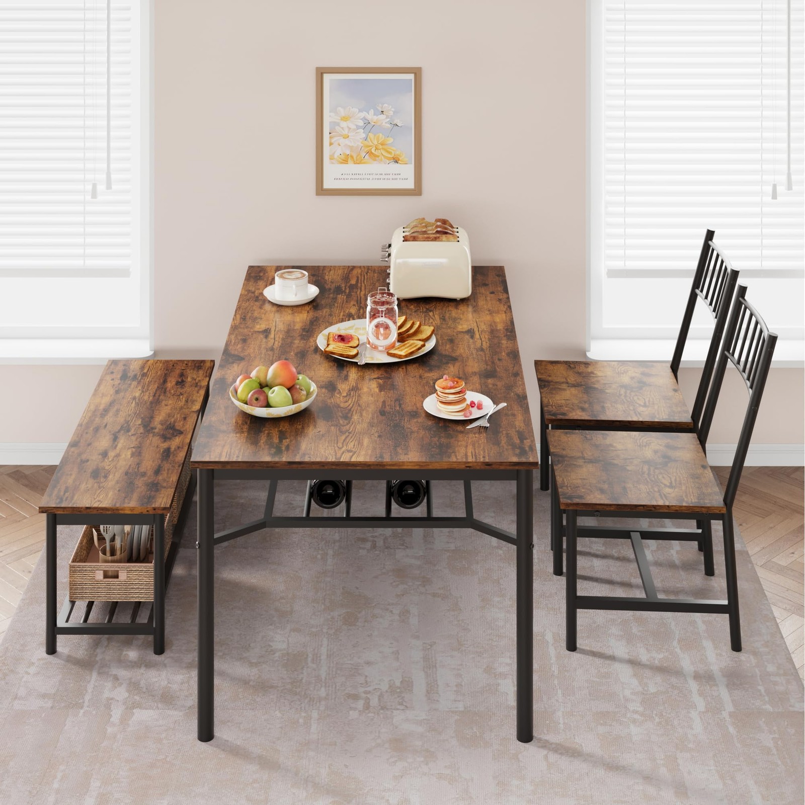 Dining Table Set for 4 ,Kitchen Table with Chairs & Bench and Storage Wine Rack