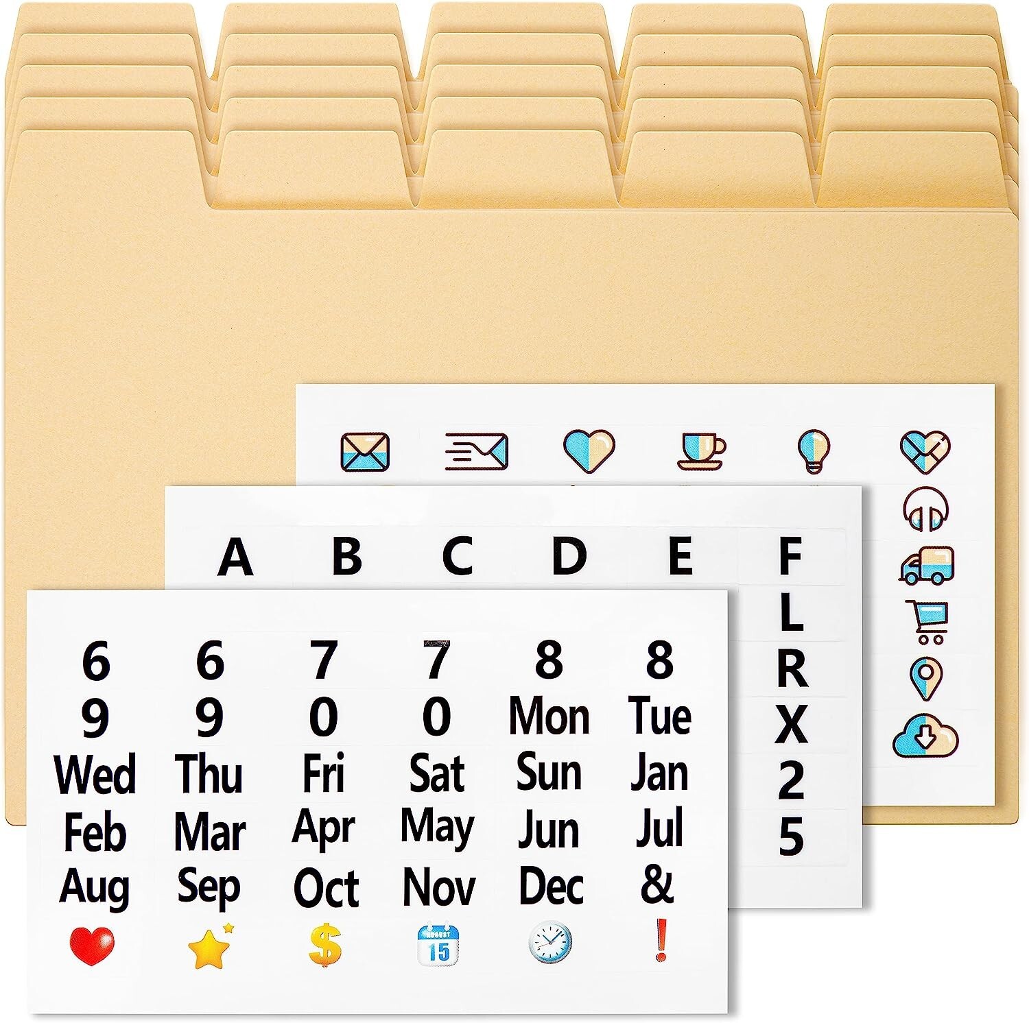 OFFILICIOUS 25 Manila Index Card Dividers 4x6" and 108 Easy-Read Stickers Set