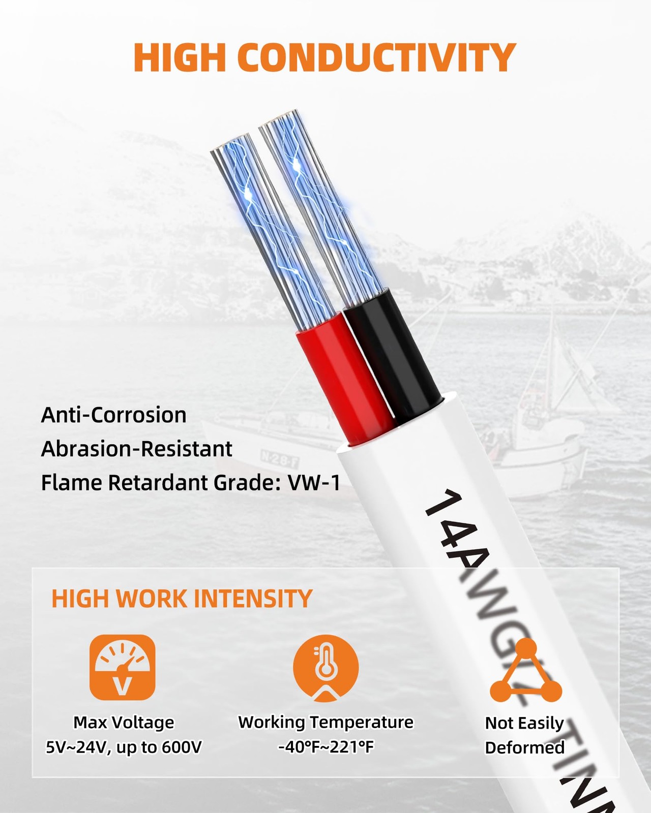 CONEPY 14 Gauge Marine Wire, 14/2 Duplex Grade Cable, IP68 30FT, White