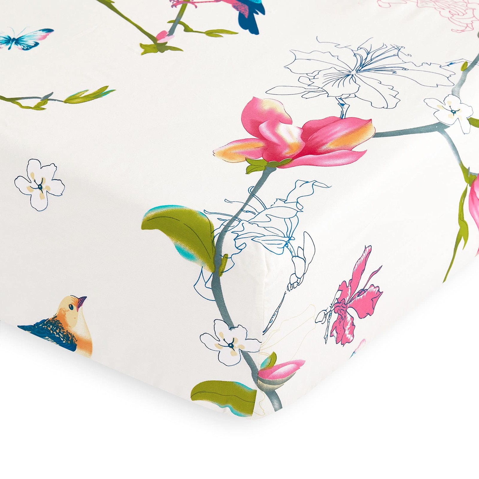 - Floral Bed Sheets, 100% Cotton, 4-Piece Sheet Set, Bird Patterned Printed B...