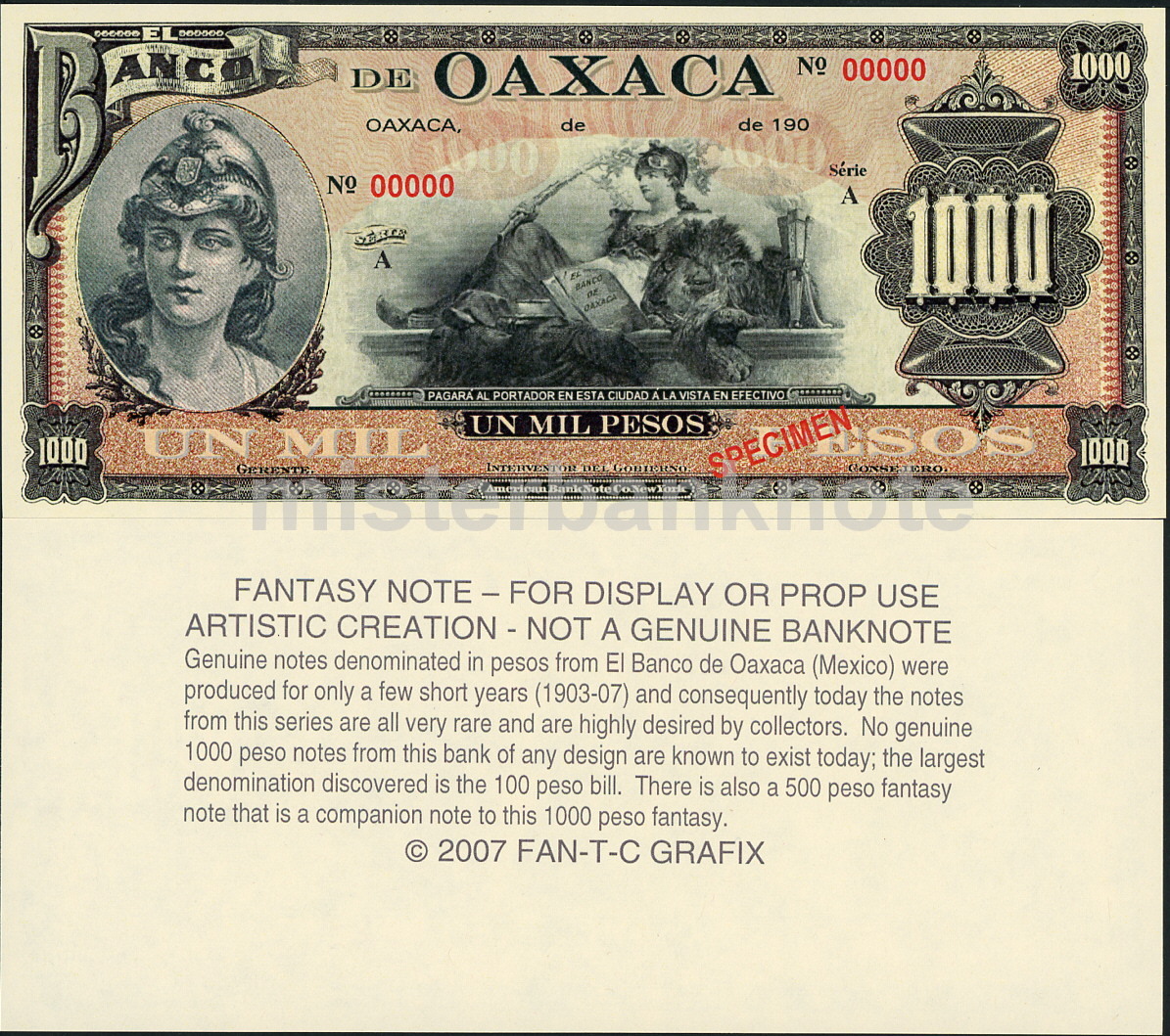 OAXACA, MEXICO 1000 PESO FANTASY ART NOTE - HELMETED LADY, GIRL w/LION, 1-SIDED