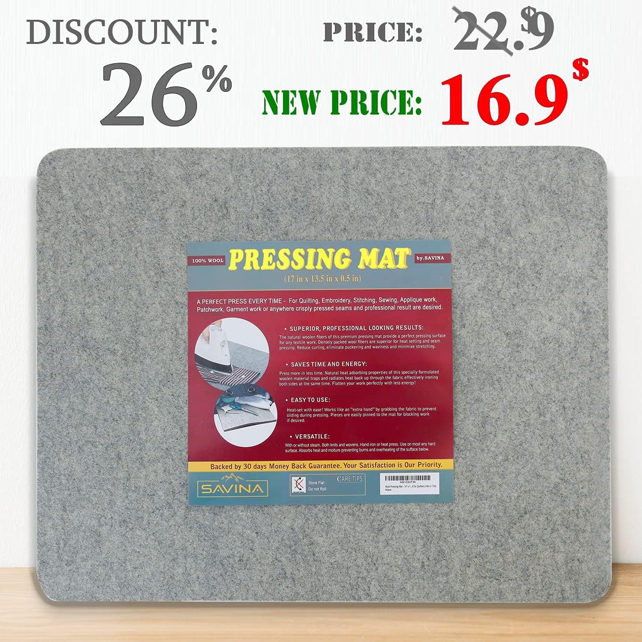 Wool Pressing Mat - 17" X 13.5" Quilting Ironing Pad - 100% New Zealand Felted W