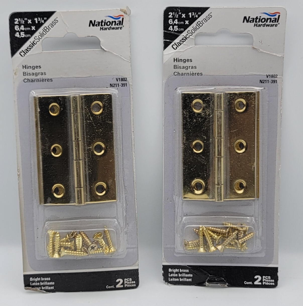 (2) Pks - Solid Brass Hinges 2-1/2" X 1-3/8" National brand N211-383 V1802 NEW