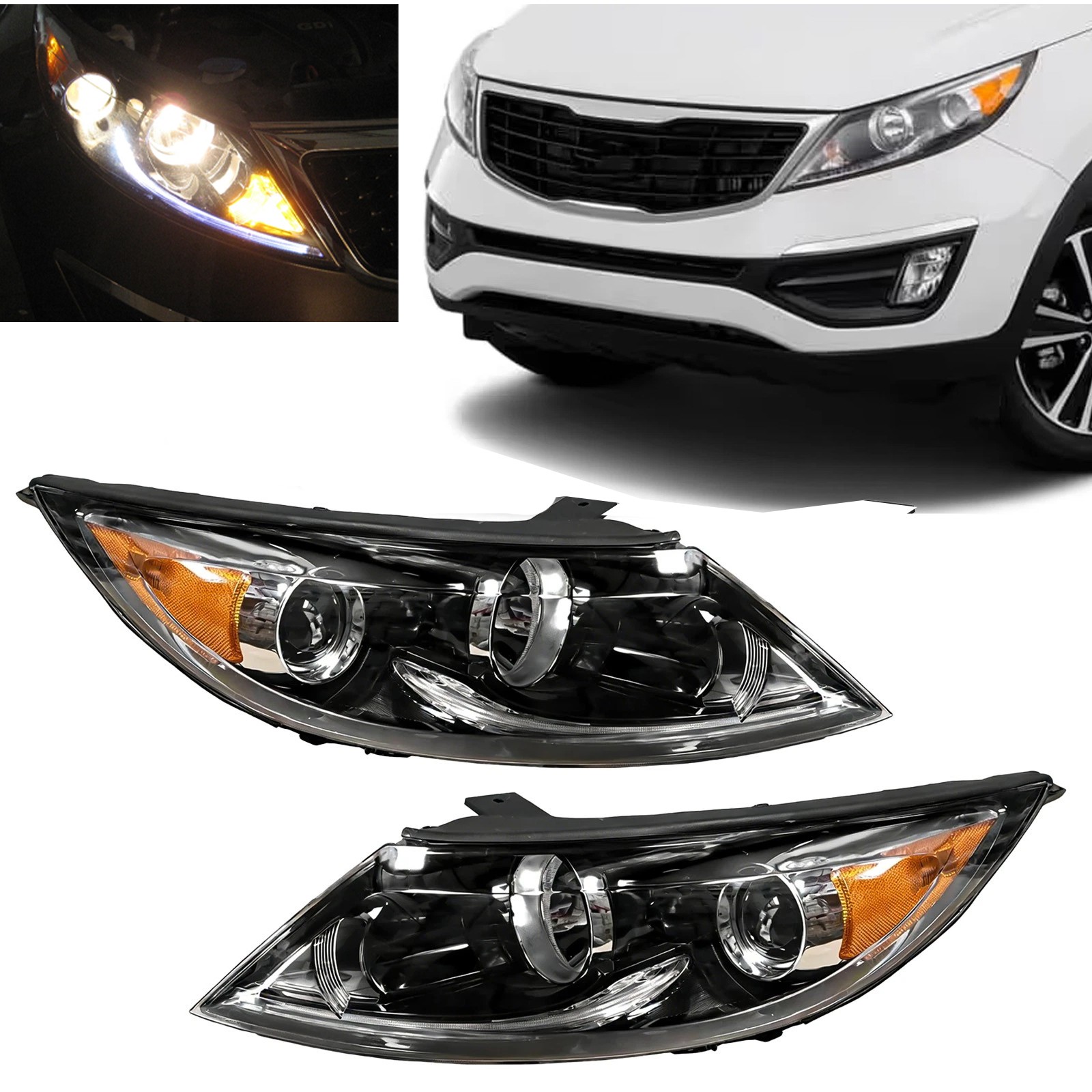 Halogen Headlights w/LED DRL For 2013-2016 Kia Sportage Driver & Passenger Side