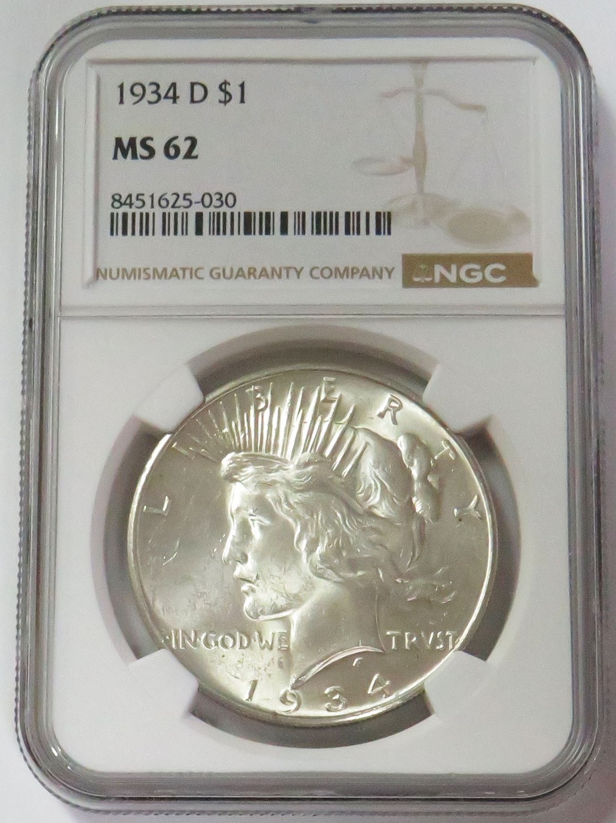 1934 D PEACE SILVER DOLLAR $1 COIN NGC MINT STATE 62