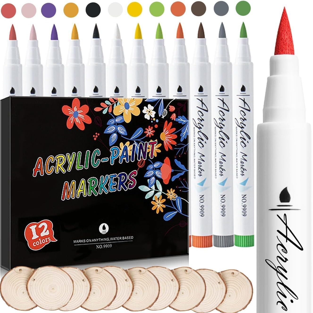 12 Colors Paint Markers with 10 Pieces of Unfinished Arts Wood Slices 2.5-3 I...